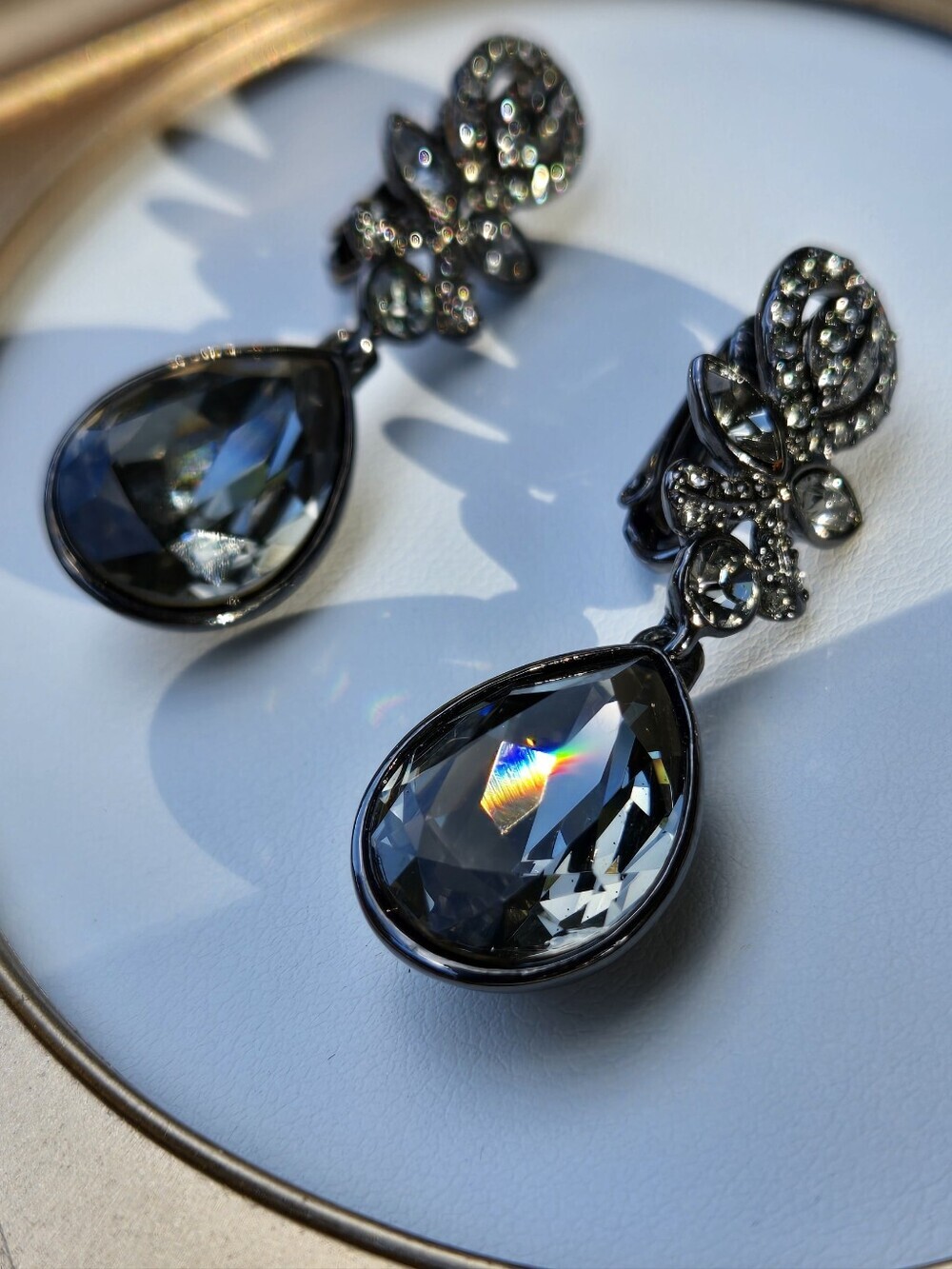 Givenchy Smoky Gray Black Teardrop Crystal Drop Earrings Vintage Clip Style